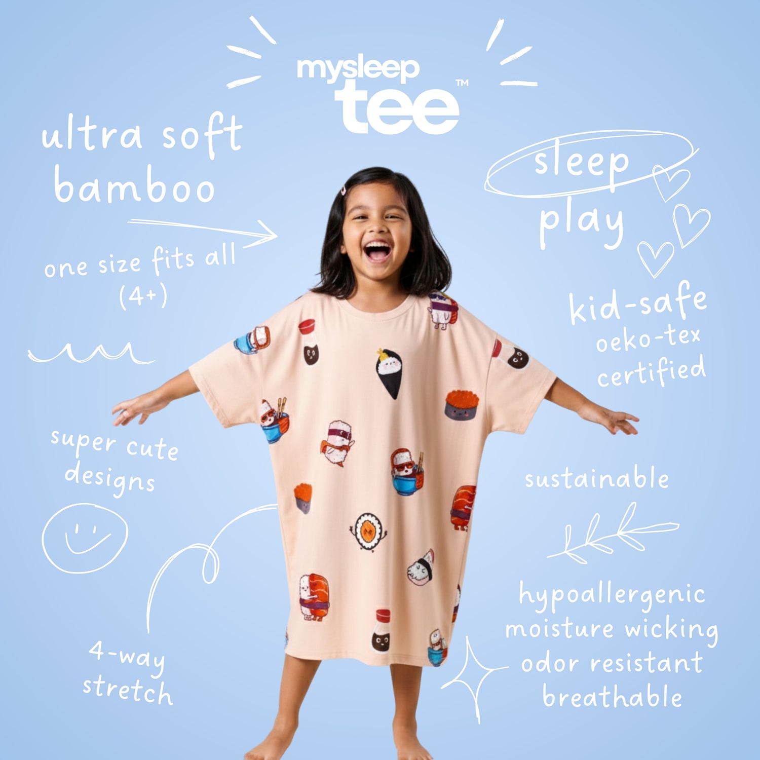 Child wearing a patterned 'mysleeptee' with benefits highlighting features on a light blue background