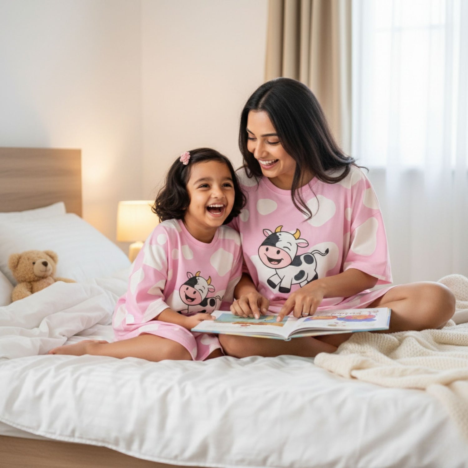 Mother and daughter in matching pink pajamas with cow designs reading a book on a bed.