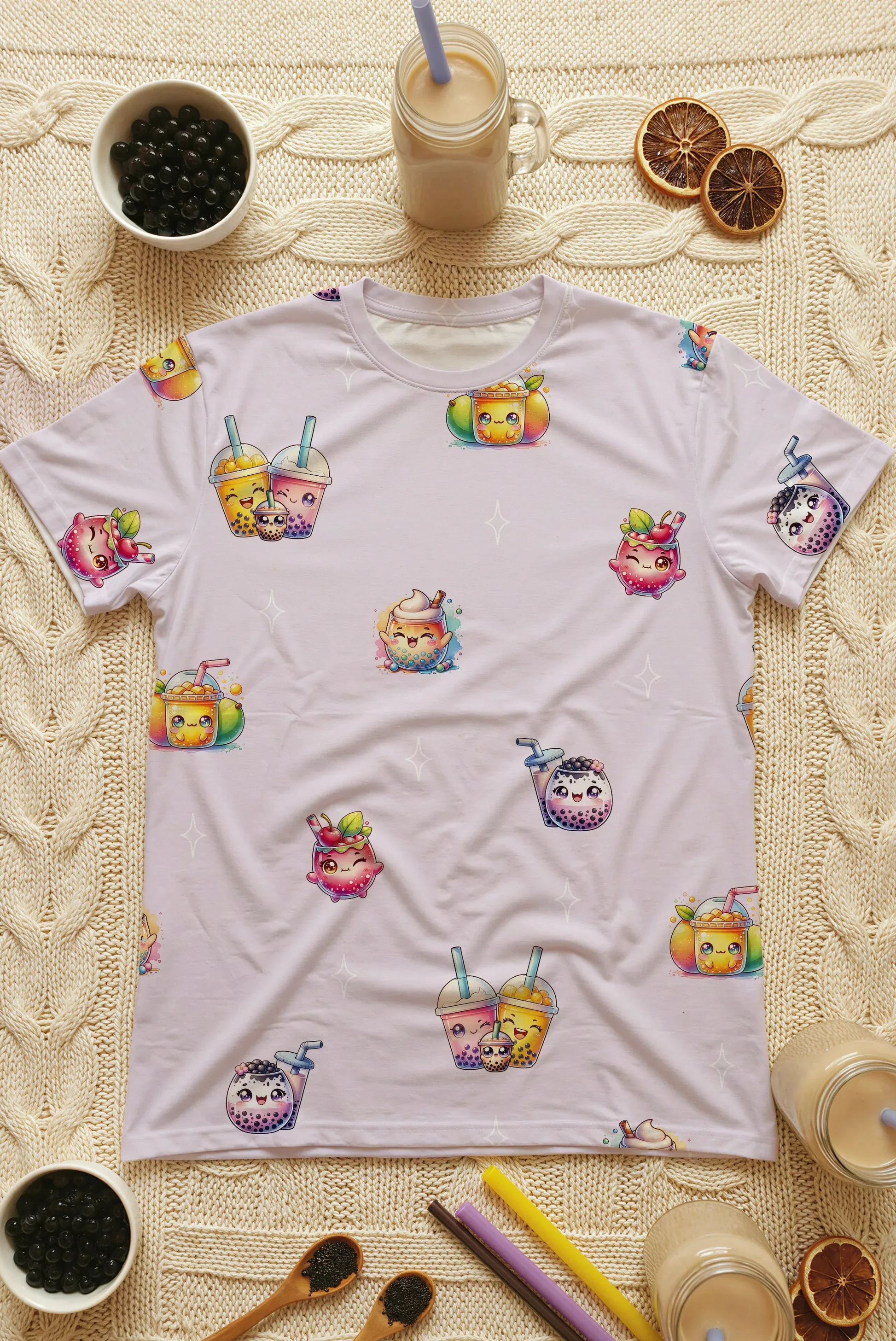 Flat lay photography of the kids' oversized bamboo sleep tee surrounded by bubble tea ingredients, pearls, and straws. Close-up of the premium fabric and vibrant boba character print on this Singapore sleepwear essential.