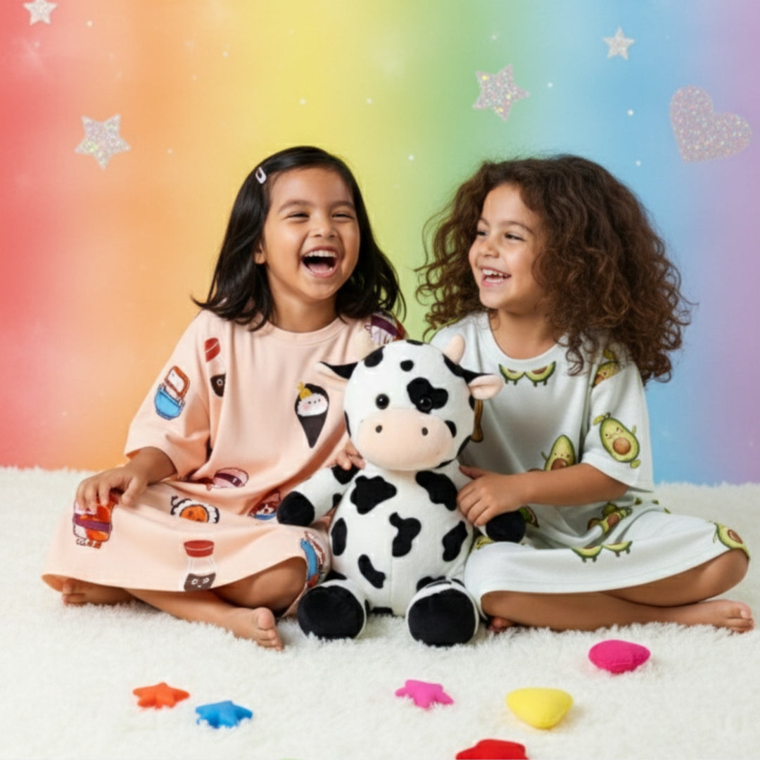 Two children sitting on a white surface with a cow plush toy against a rainbow background