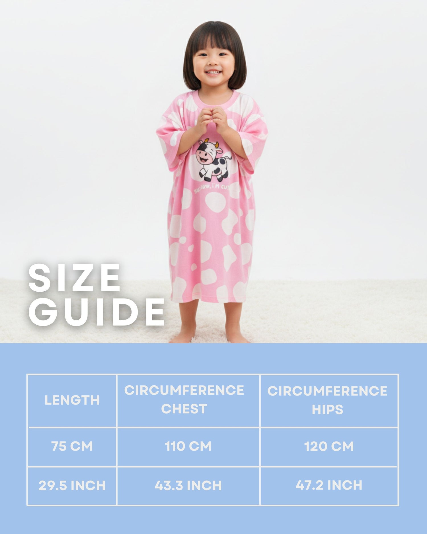 Child wearing a pink sleep tee with a size guide below on a white background