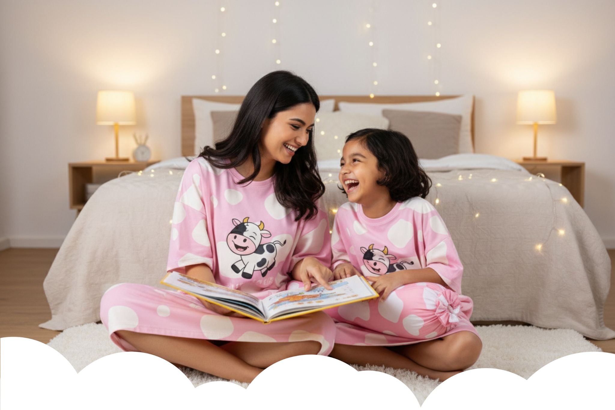 Mother and daughter laughing while reading a bedtime story, wearing matching pink cow cute sleepwear by MySleepTee. Made from our signature bamboo sleep tee fabric, widely loved as the softest sleepwear Singapore has to offer for cozy family moments.