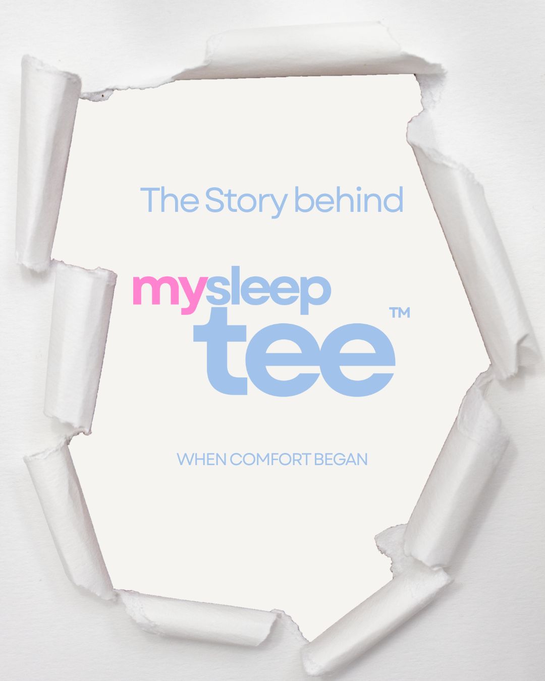 Advertisement for 'mysleep tee' with text about the brand's story on a white background.