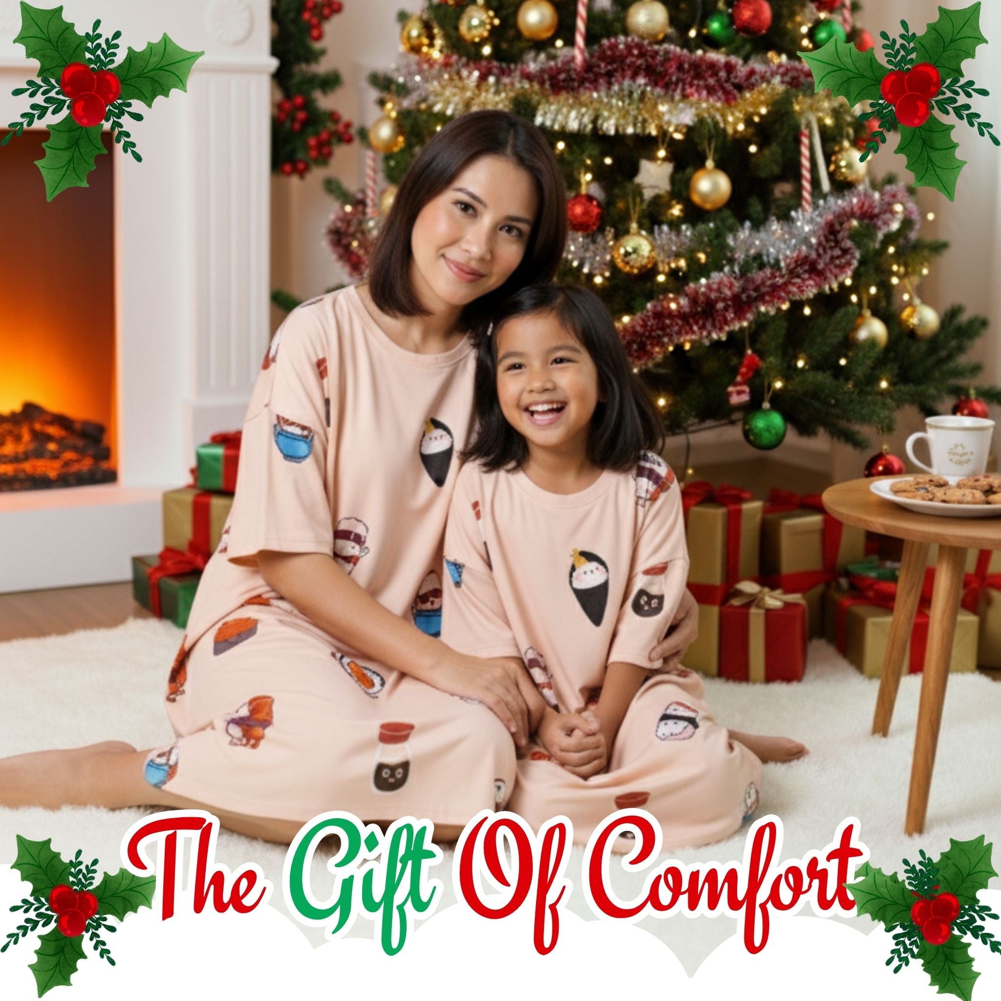 Mother and daughter in oversized bamboo sleep tees sitting together with a decorated Christmas tree and fireplace in the background.